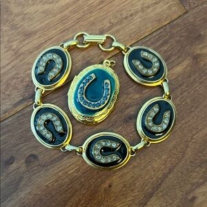 Vintage Victorian Turquoise Enamel Horseshoe Locket Bracelet Duo Unstamped